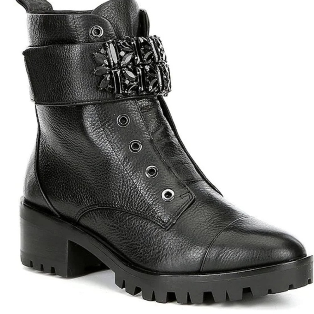 Karl Lagerfeld Pippa Jeweled Strap Leather Lug Sole Combat Booties